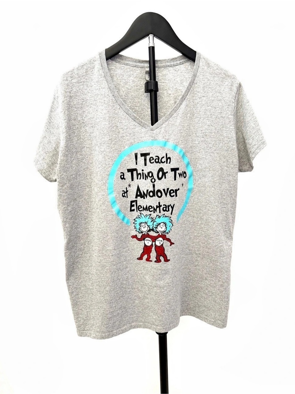 Gildan I Teach a Thing or Two at Andover Elementary Graphic Tee Gray & Blue XL